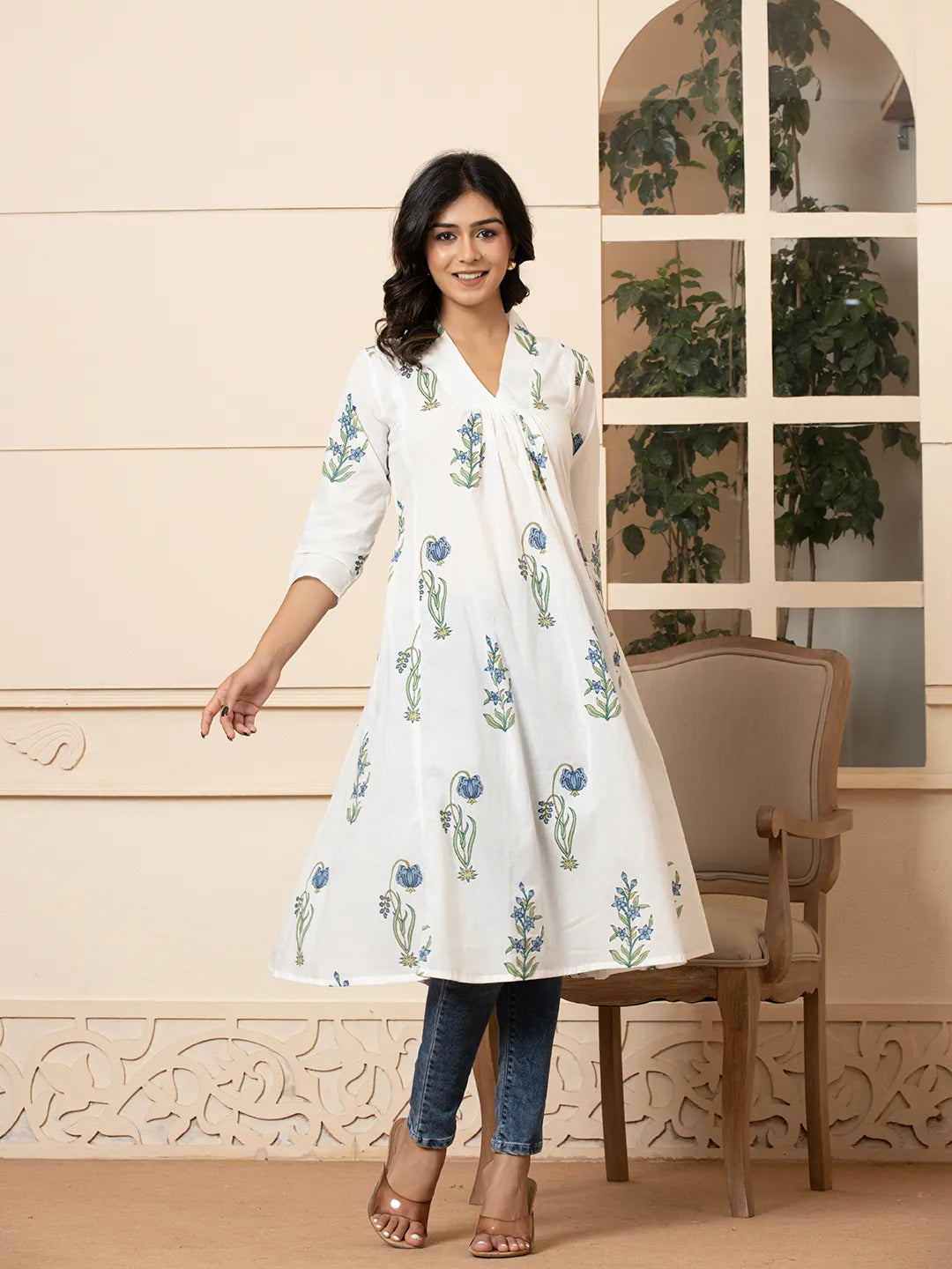 Yufta Blue & White Cotton Floral Print Aline Kurta | Grocsy