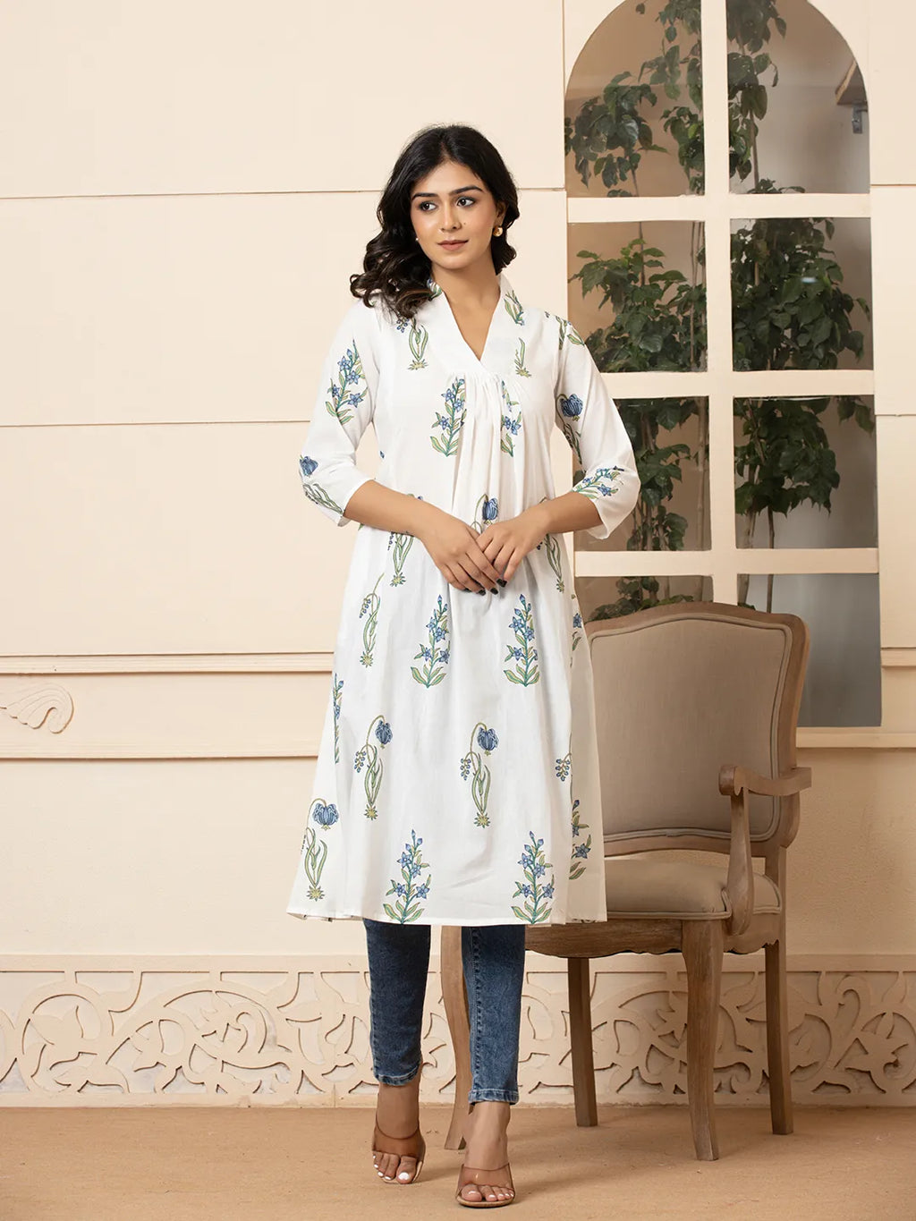 Yufta Blue & White Cotton Floral Print Aline Kurta | Grocsy