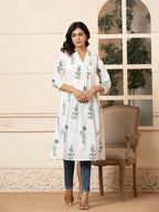 Yufta Blue & White Cotton Floral Print Aline Kurta | Grocsy