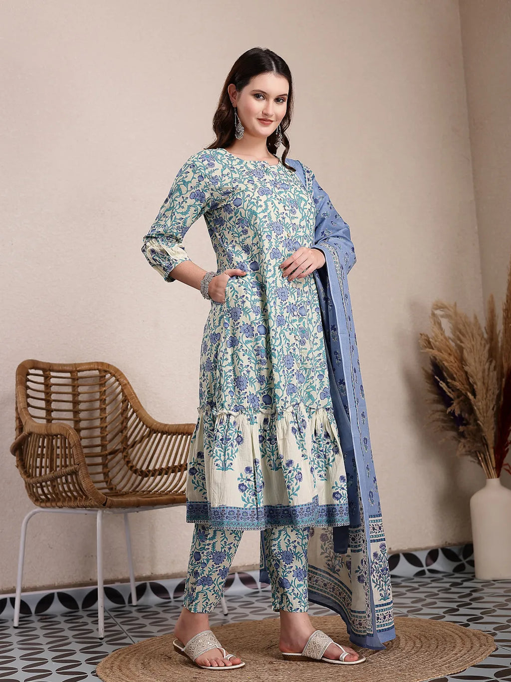 Yufta Blue And Beige Pure Cotton Floral Print Tiered Kurta Dupatta Set | Grocsy