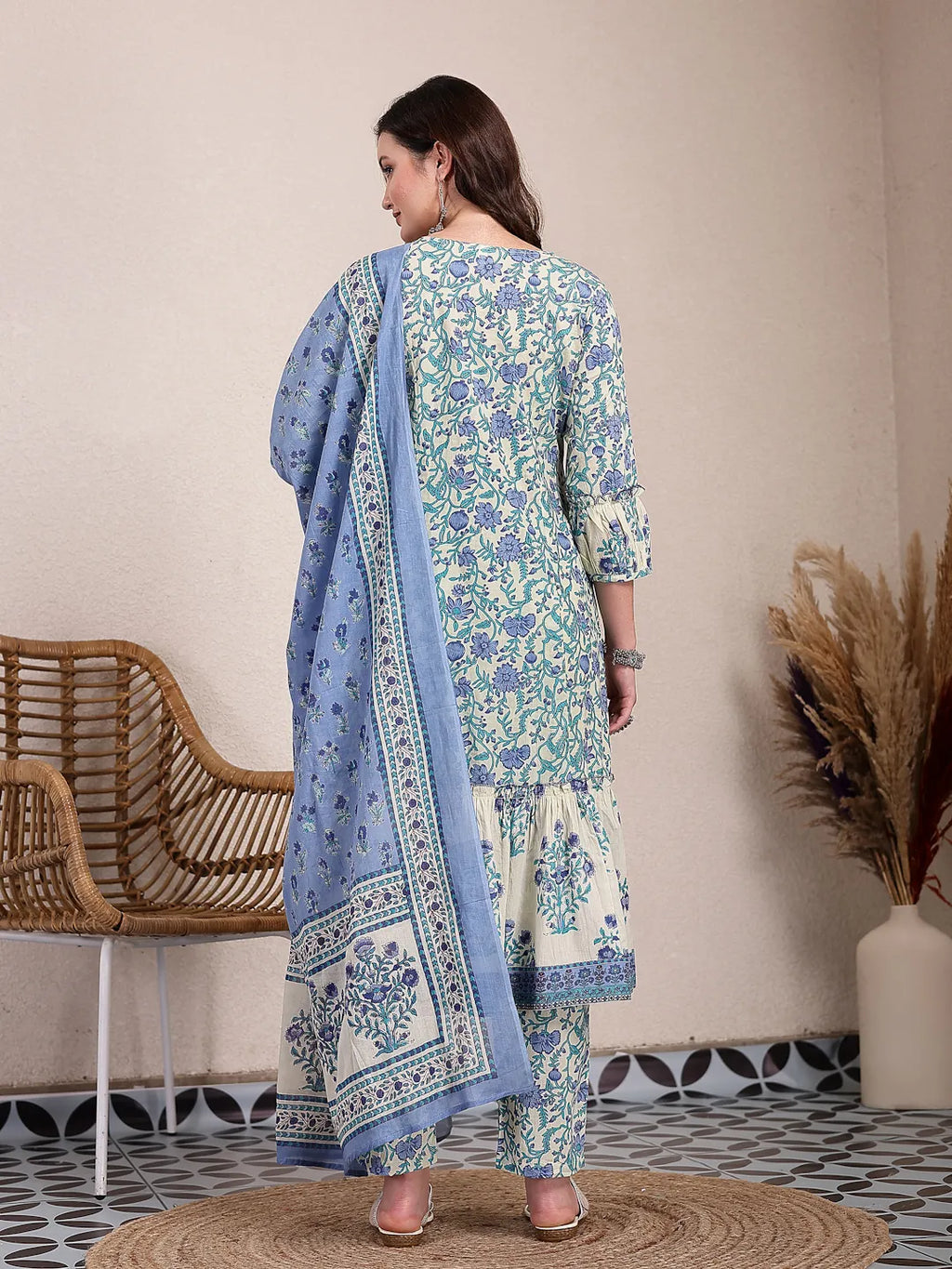 Yufta Blue And Beige Pure Cotton Floral Print Tiered Kurta Dupatta Set | Grocsy