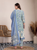 Yufta Blue And Beige Pure Cotton Floral Print Tiered Kurta Dupatta Set | Grocsy