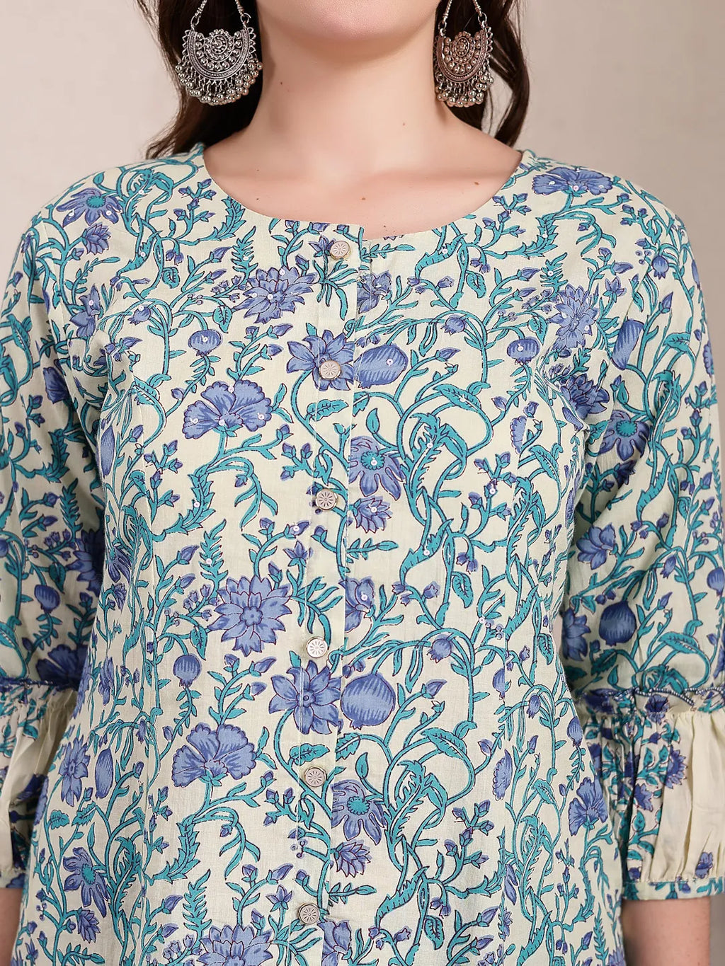 Yufta Blue And Beige Pure Cotton Floral Print Tiered Kurta Dupatta Set | Grocsy