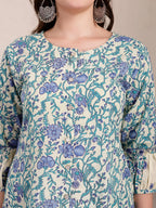 Yufta Blue And Beige Pure Cotton Floral Print Tiered Kurta Dupatta Set | Grocsy