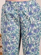 Yufta Blue And Beige Pure Cotton Floral Print Tiered Kurta Dupatta Set | Grocsy