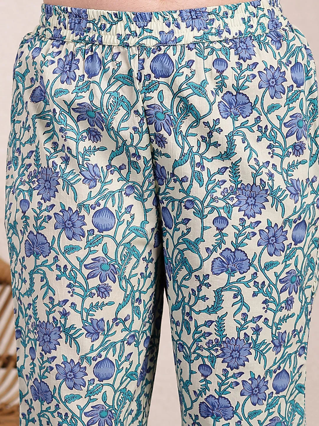 Yufta Blue And Beige Pure Cotton Floral Print Tiered Kurta Dupatta Set | Grocsy