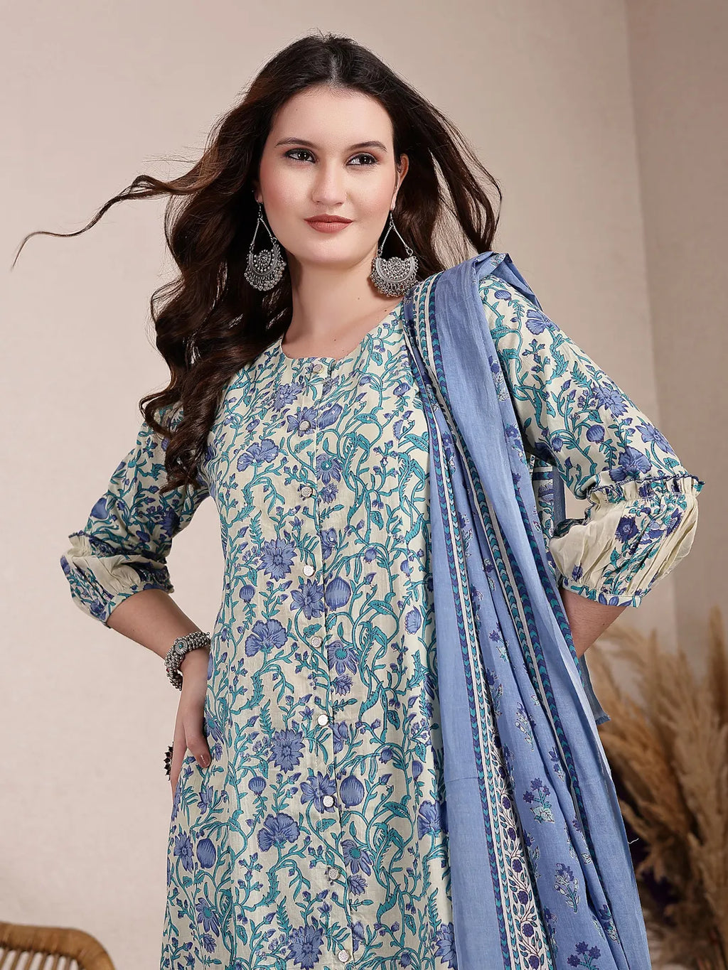 Yufta Blue And Beige Pure Cotton Floral Print Tiered Kurta Dupatta Set | Grocsy