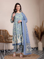 Yufta Blue And Beige Pure Cotton Floral Print Tiered Kurta Dupatta Set | Grocsy