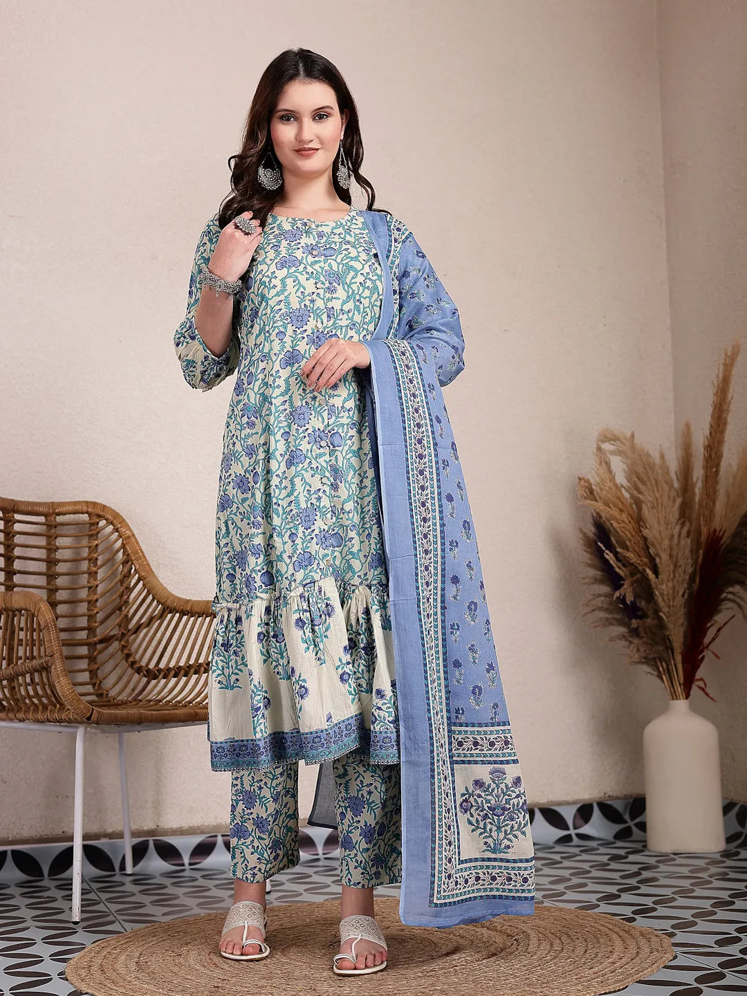 Yufta Blue And Beige Pure Cotton Floral Print Tiered Kurta Dupatta Set | Grocsy