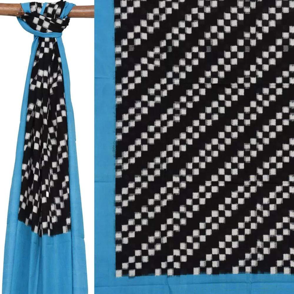 Blue and Black Pochampally Ikat Cotton Handloom Dupatta with Diagonal Design - Global Threads | Grocsy