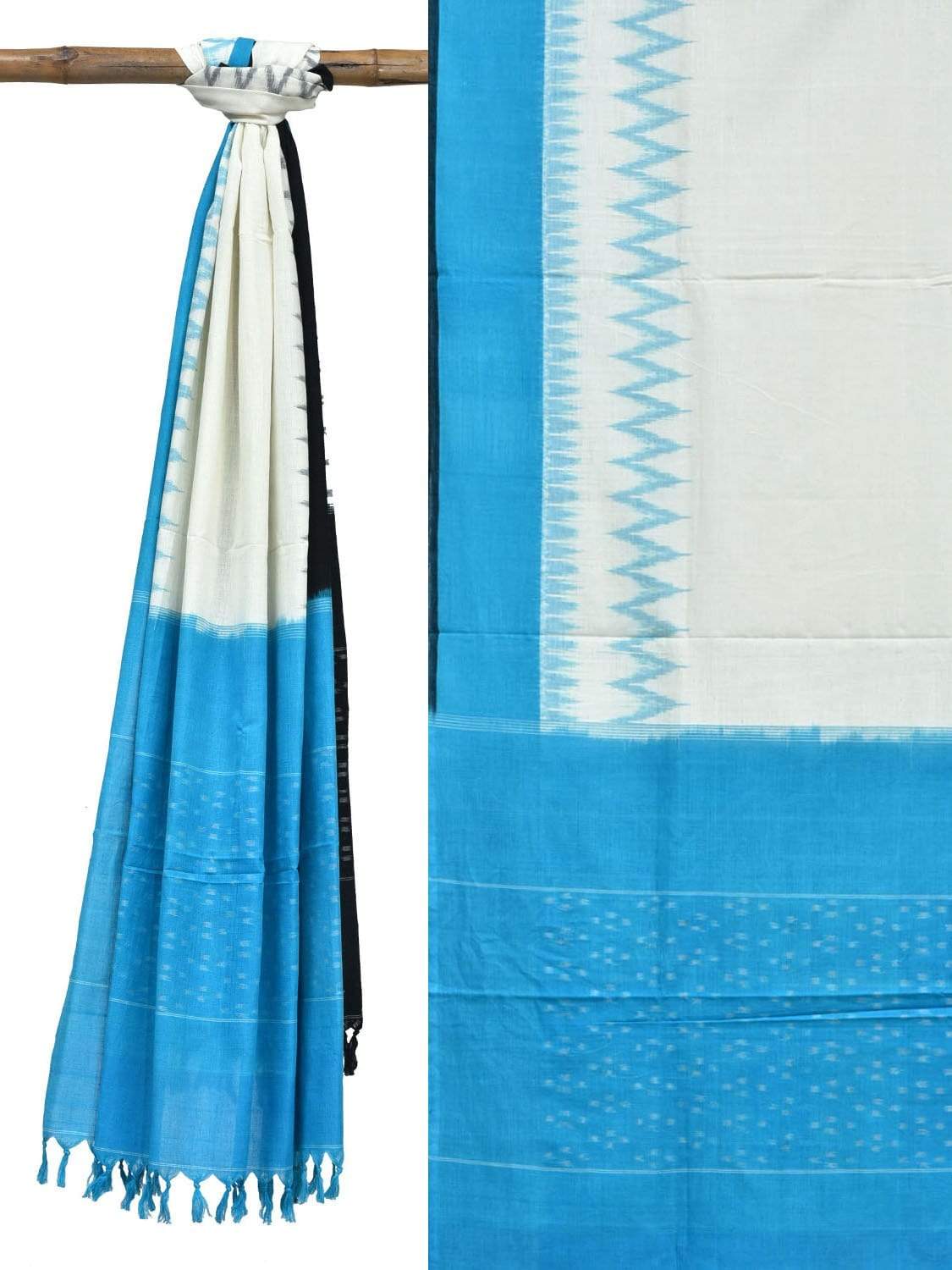 Blue and Black Pochampally Ikat Cotton Handloom Dupatta with Ganga-Jamuna Border - Global Threads | Grocsy