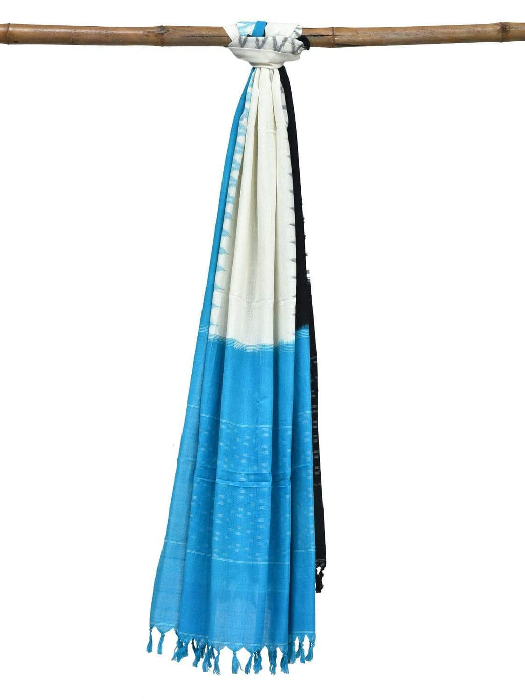 Blue and Black Pochampally Ikat Cotton Handloom Dupatta with Ganga-Jamuna Border - Global Threads | Grocsy