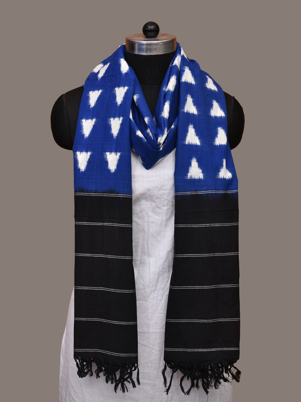 Blue and Black Pochampally Ikat Cotton Handloom Dupatta with Triangle Design - Global Threads | Grocsy