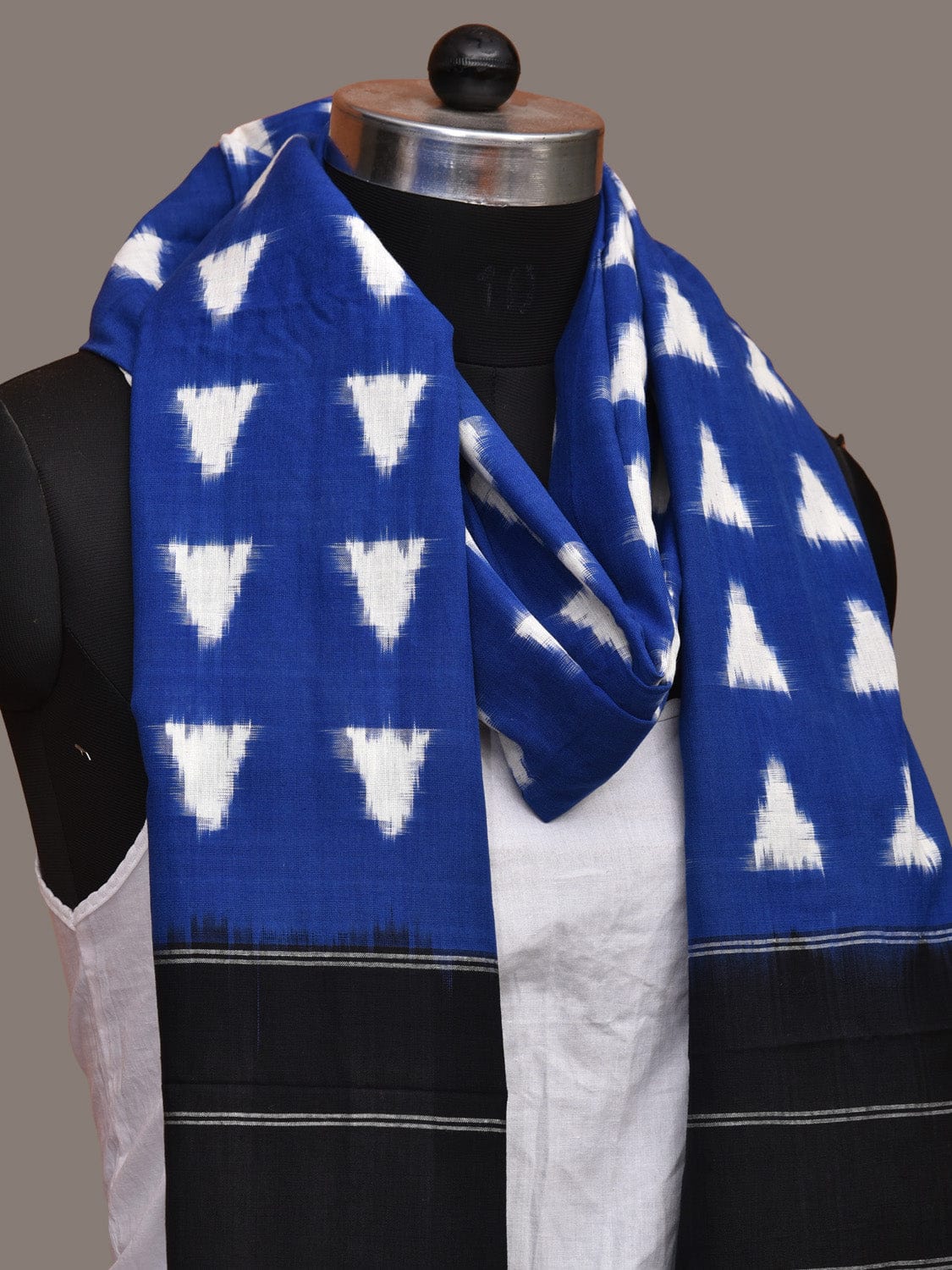 Blue and Black Pochampally Ikat Cotton Handloom Dupatta with Triangle Design - Global Threads | Grocsy