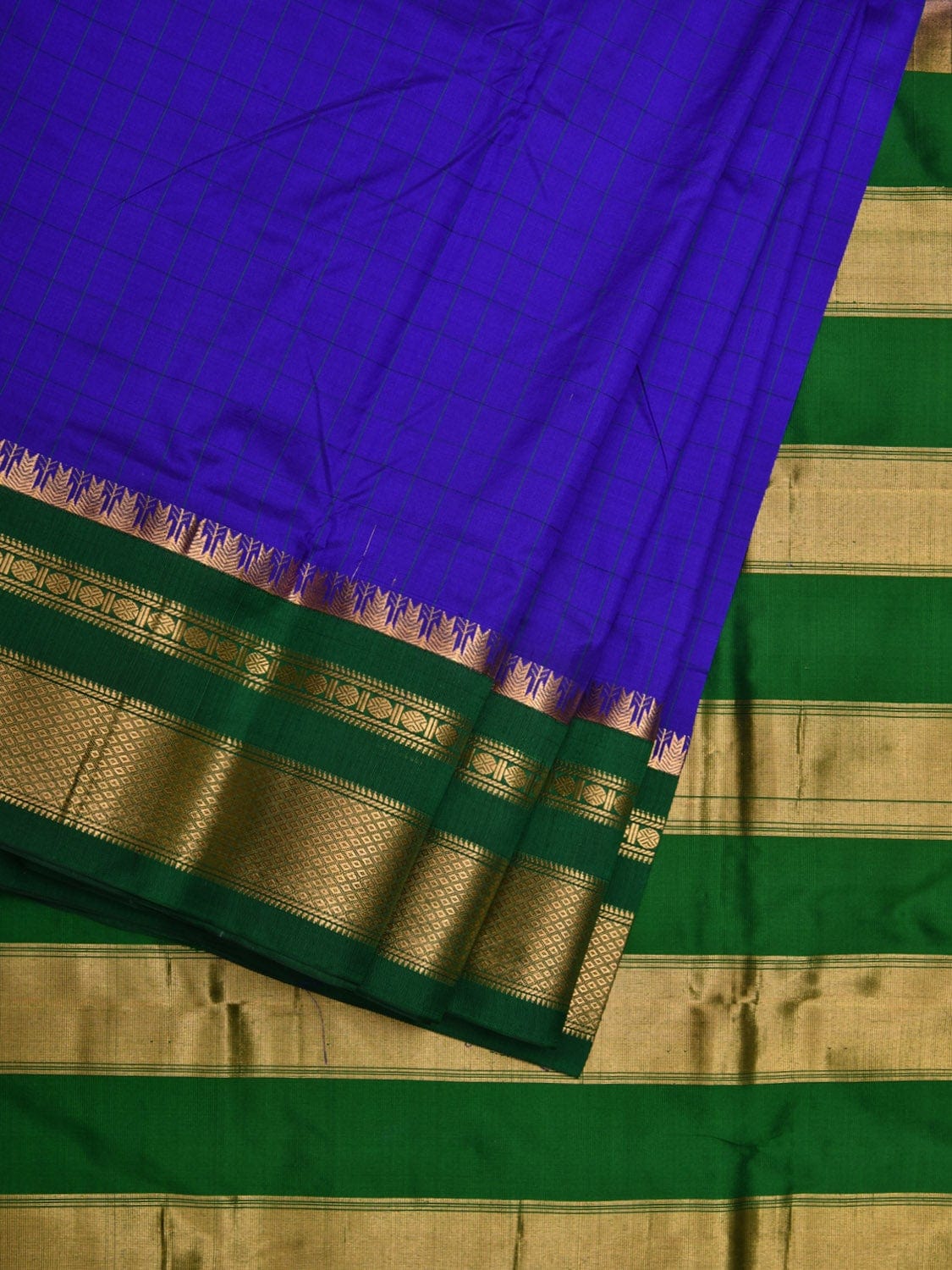 Blue and Green Gadwal Silk Handloom Saree with Checks Design - Global Threads | Grocsy