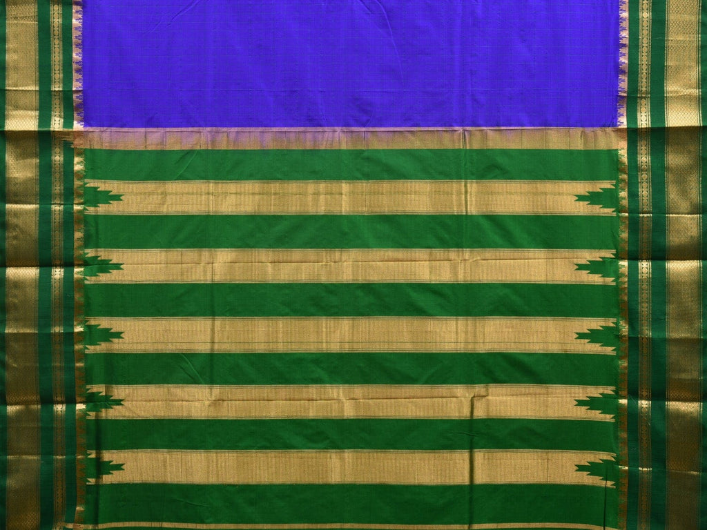 Blue and Green Gadwal Silk Handloom Saree with Checks Design - Global Threads | Grocsy