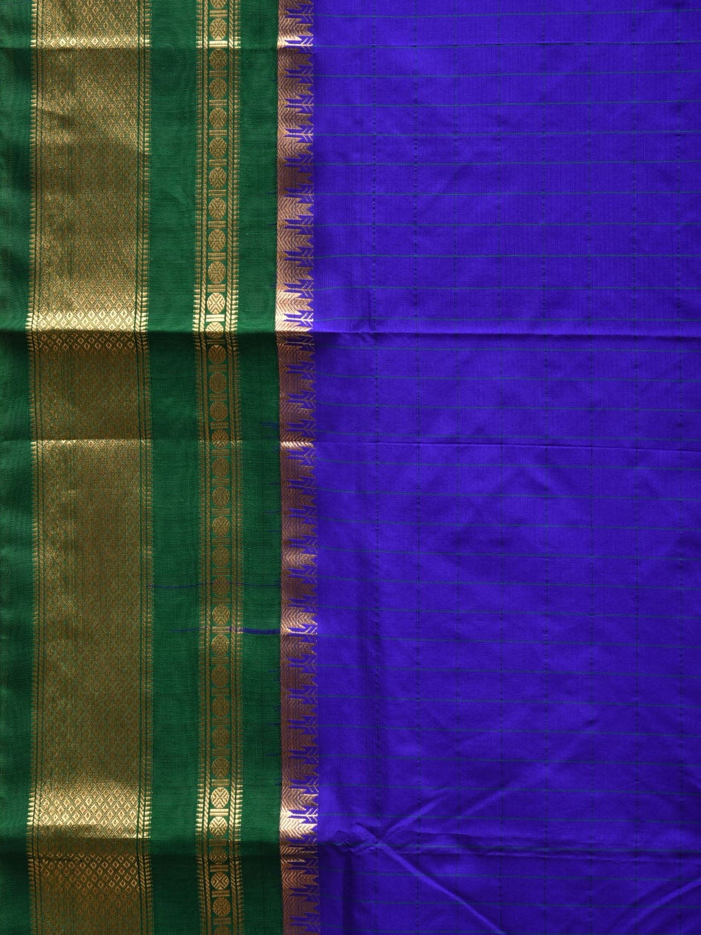 Blue and Green Gadwal Silk Handloom Saree with Checks Design - Global Threads | Grocsy