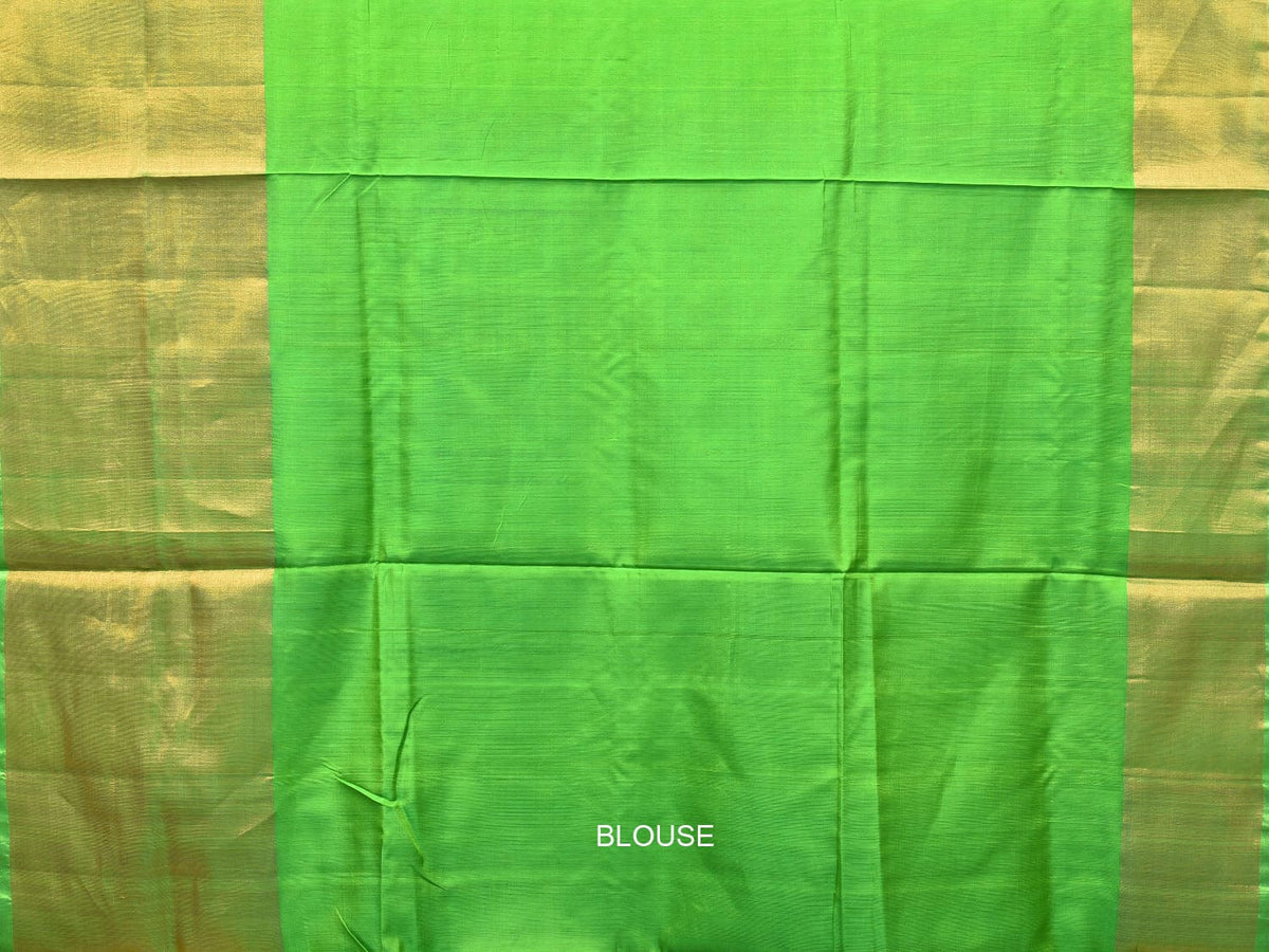 Blue and Green Uppada Silk Handloom Plain Saree with Big Border Design - Global Threads | Grocsy