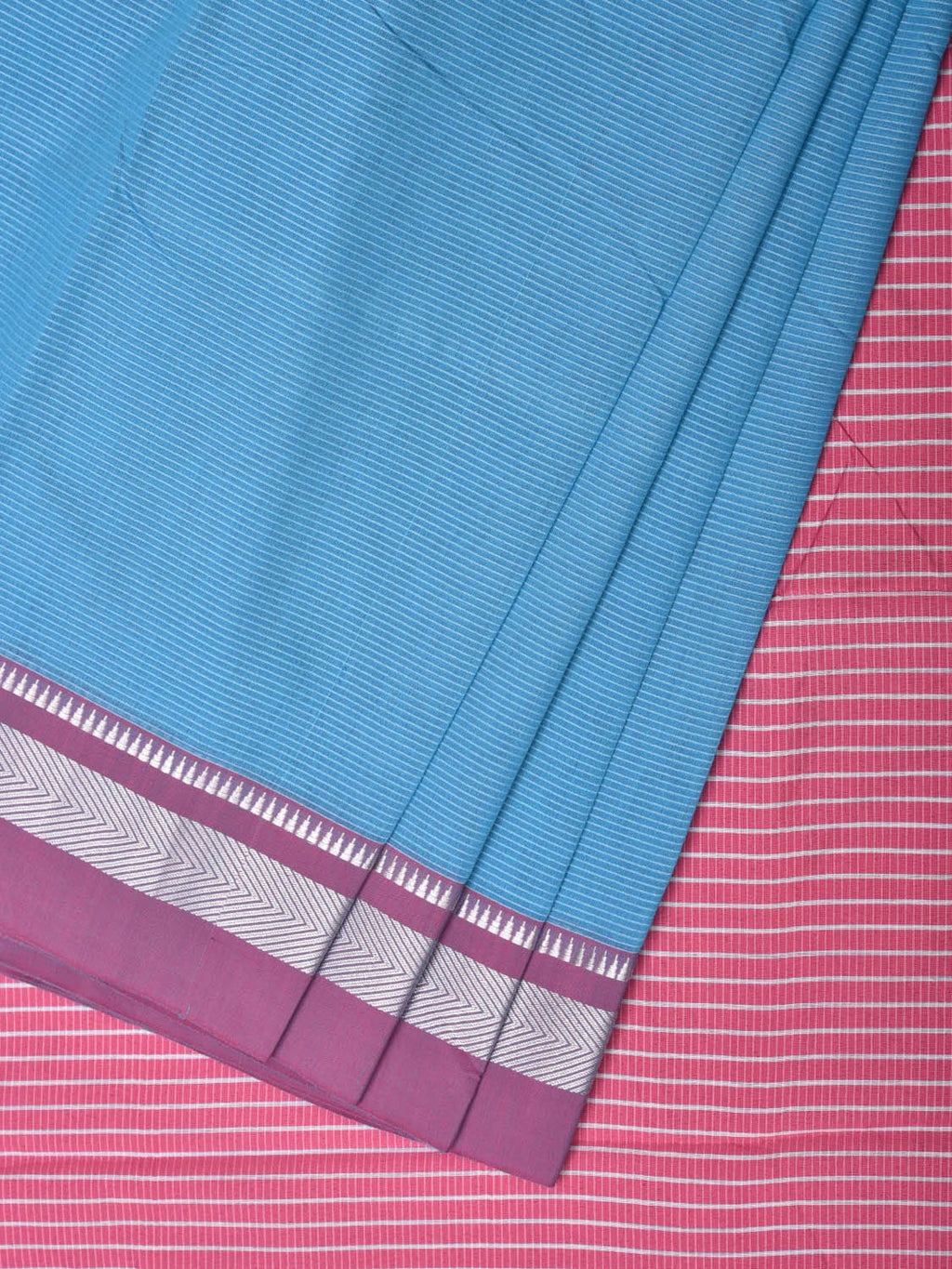 Blue and Pink Bamboo Cotton Saree with Strips Design No Blouse - Global Threads | Grocsy