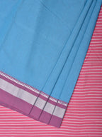 Blue and Pink Bamboo Cotton Saree with Strips Design No Blouse - Global Threads | Grocsy