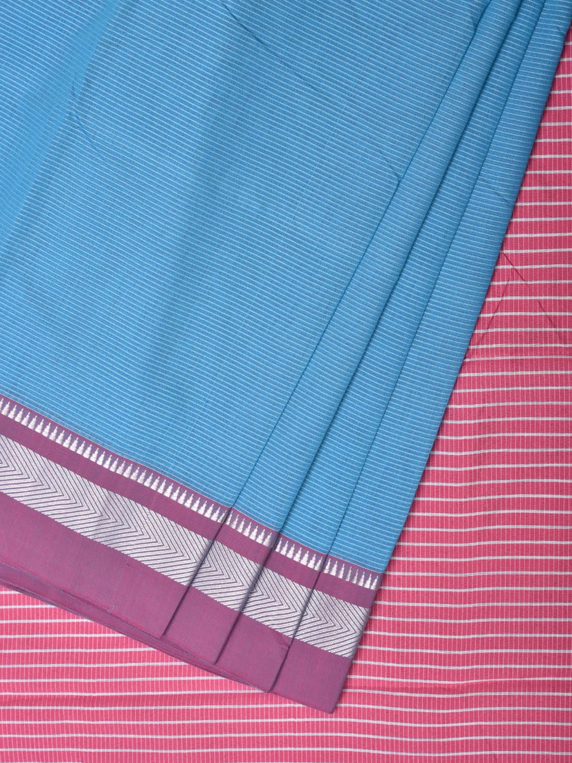 Blue and Pink Bamboo Cotton Saree with Strips Design No Blouse - Global Threads | Grocsy