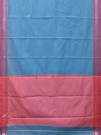 Blue and Pink Bamboo Cotton Saree with Strips Design No Blouse - Global Threads | Grocsy