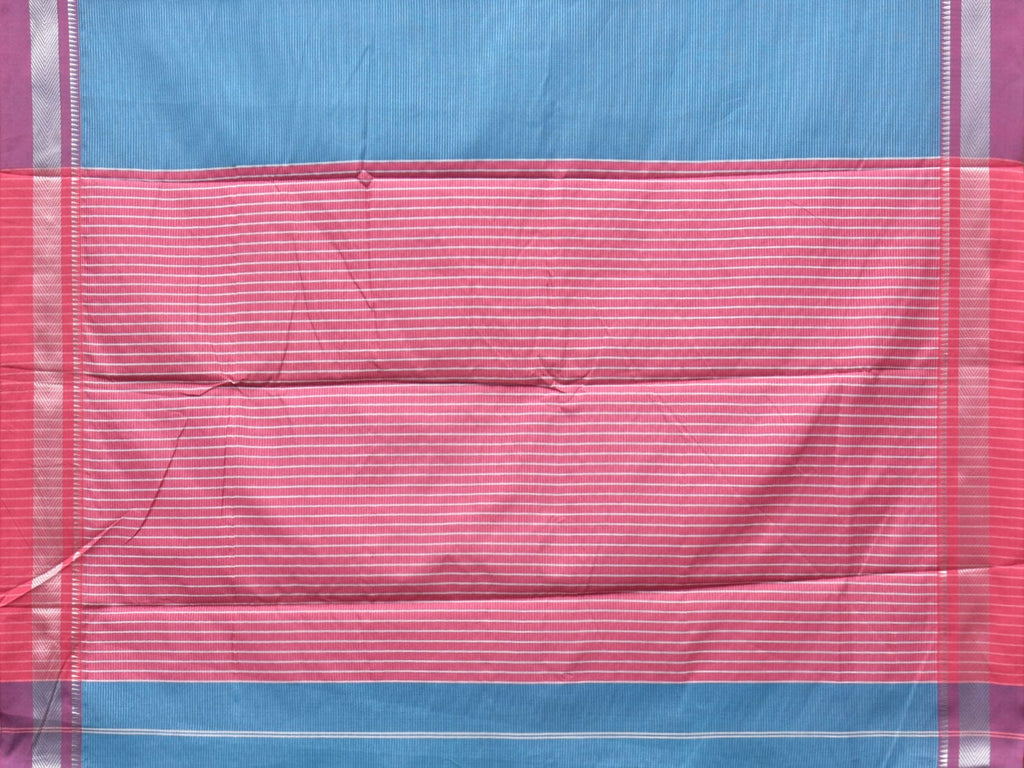 Blue and Pink Bamboo Cotton Saree with Strips Design No Blouse - Global Threads | Grocsy