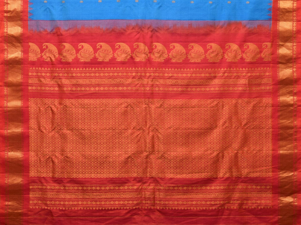 Blue and Red Gadwal Silk Handloom Saree with Mango Pallu Design - Global Threads | Grocsy