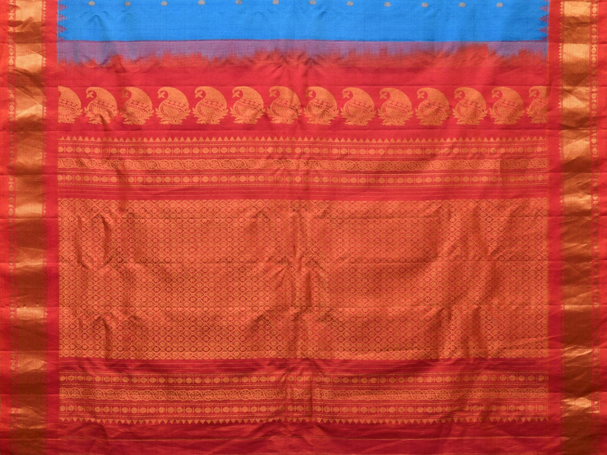 Blue and Red Gadwal Silk Handloom Saree with Mango Pallu Design - Global Threads | Grocsy