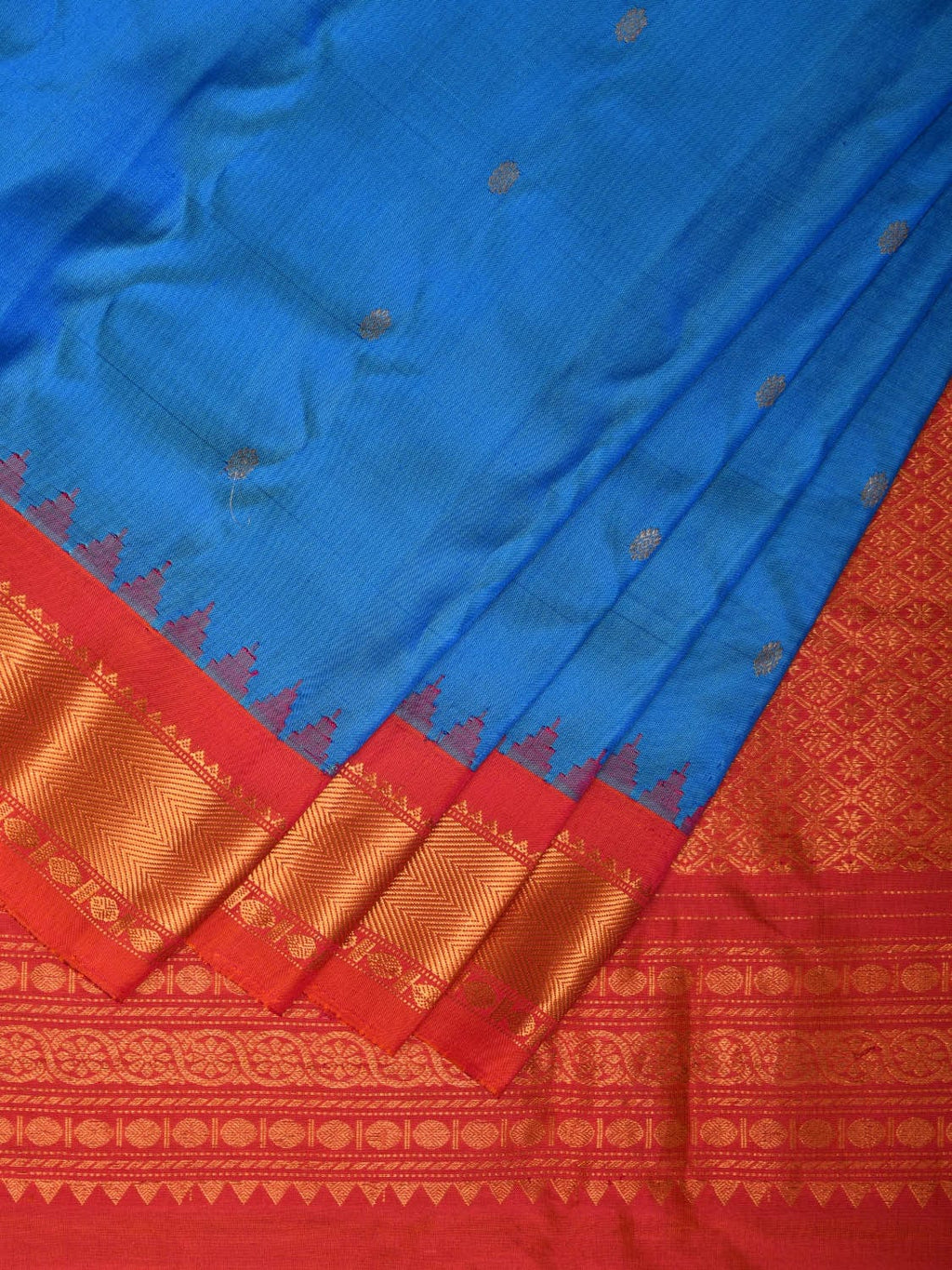 Blue and Red Gadwal Silk Handloom Saree with Mango Pallu Design - Global Threads | Grocsy