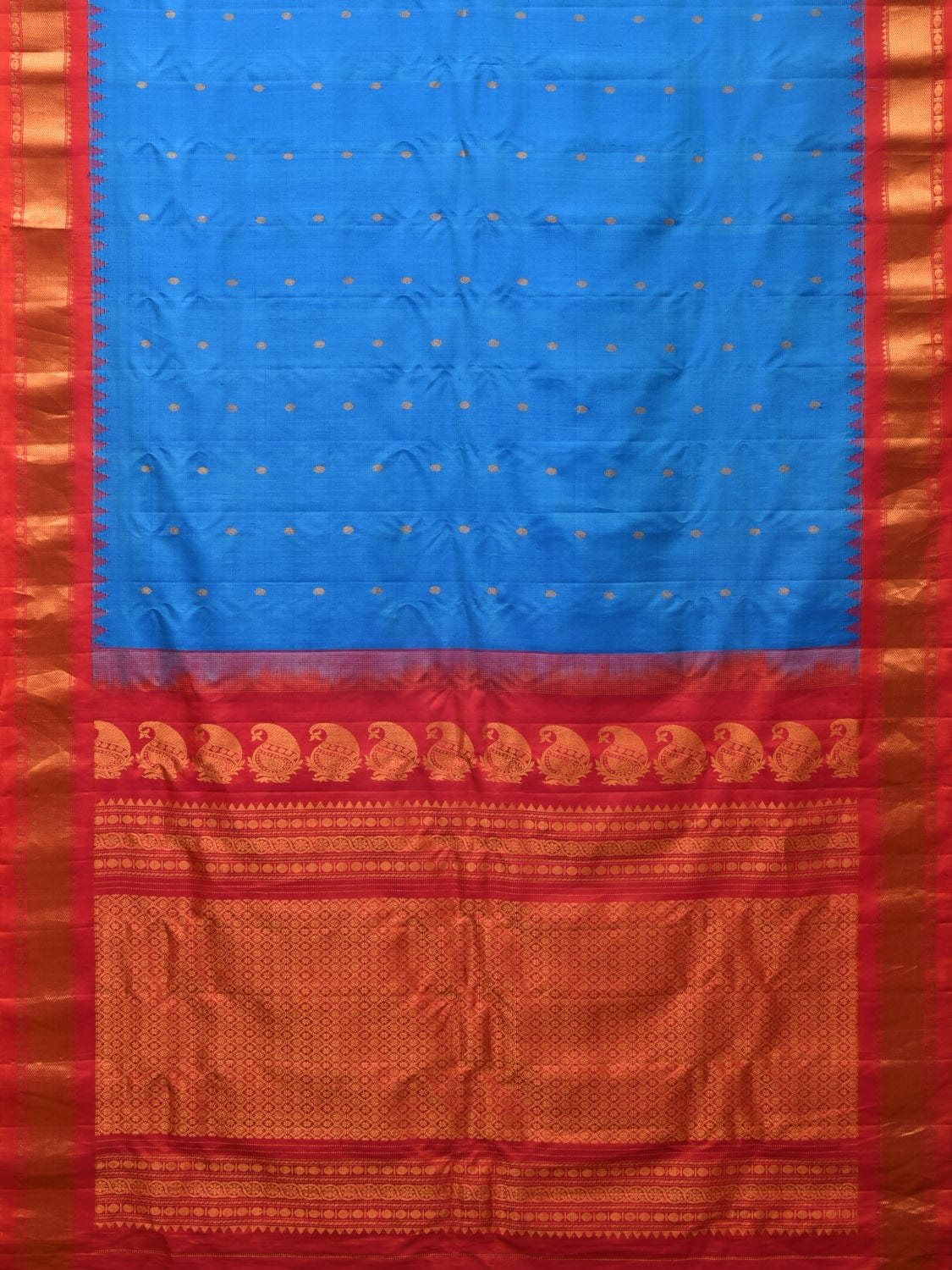 Blue and Red Gadwal Silk Handloom Saree with Mango Pallu Design - Global Threads | Grocsy