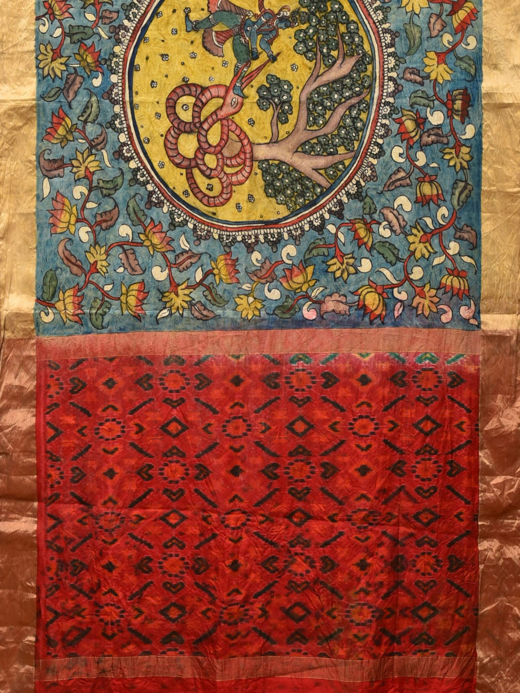 Blue and Red Kalamkari Hand Painted Ikat Silk Handloom Saree with Lotus and Krishna Design - Global Threads | Grocsy