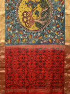 Blue and Red Kalamkari Hand Painted Ikat Silk Handloom Saree with Lotus and Krishna Design - Global Threads | Grocsy