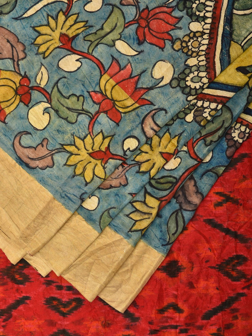 Blue and Red Kalamkari Hand Painted Ikat Silk Handloom Saree with Lotus and Krishna Design - Global Threads | Grocsy