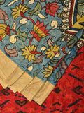 Blue and Red Kalamkari Hand Painted Ikat Silk Handloom Saree with Lotus and Krishna Design - Global Threads | Grocsy