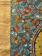 Blue and Red Kalamkari Hand Painted Ikat Silk Handloom Saree with Lotus and Krishna Design - Global Threads | Grocsy