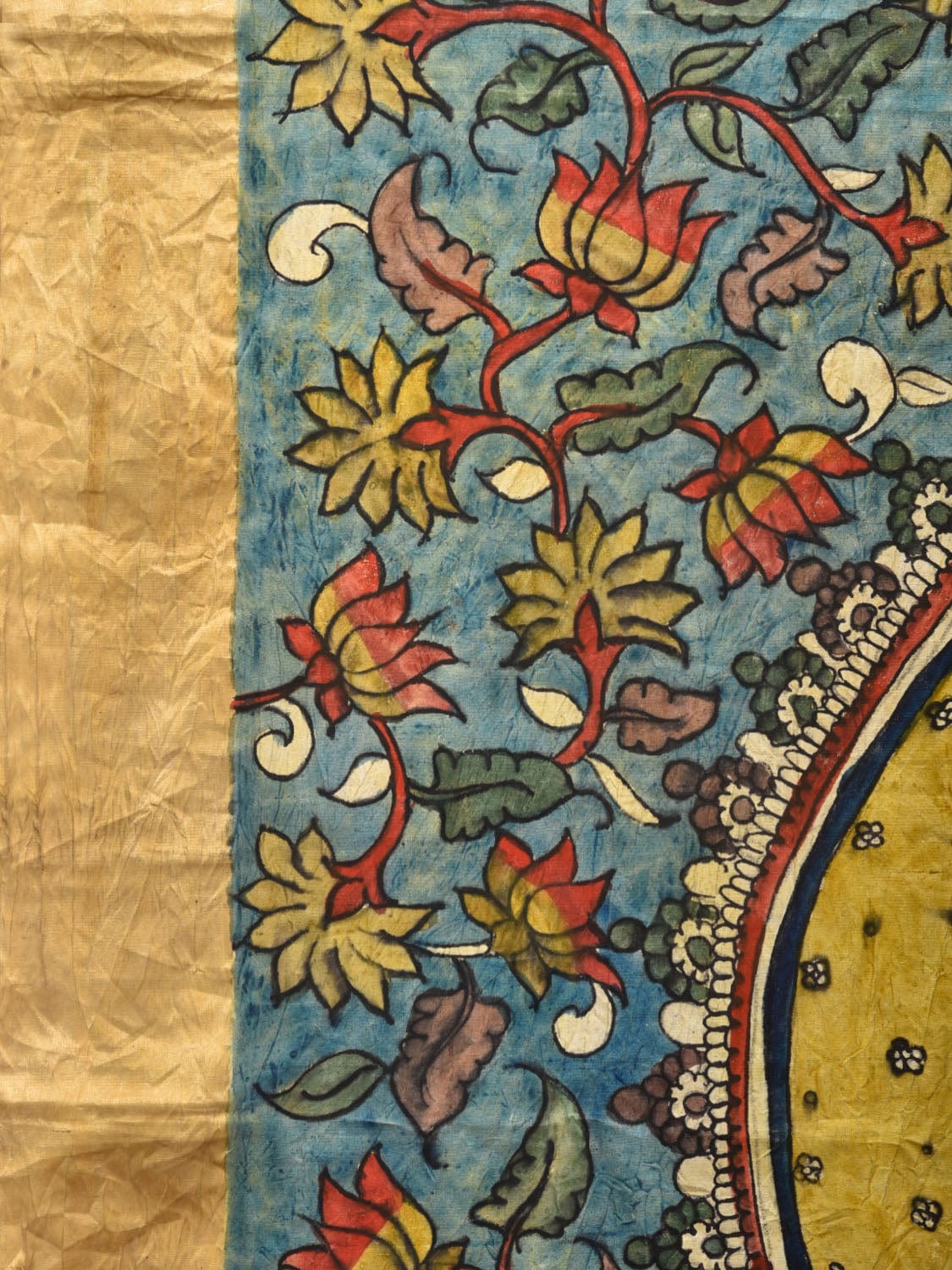 Blue and Red Kalamkari Hand Painted Ikat Silk Handloom Saree with Lotus and Krishna Design - Global Threads | Grocsy