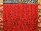 Blue and Red Kalamkari Hand Painted Ikat Silk Handloom Saree with Lotus and Krishna Design - Global Threads | Grocsy