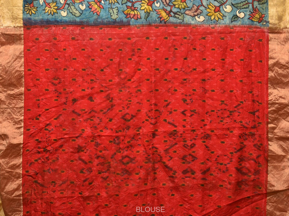 Blue and Red Kalamkari Hand Painted Ikat Silk Handloom Saree with Lotus and Krishna Design - Global Threads | Grocsy
