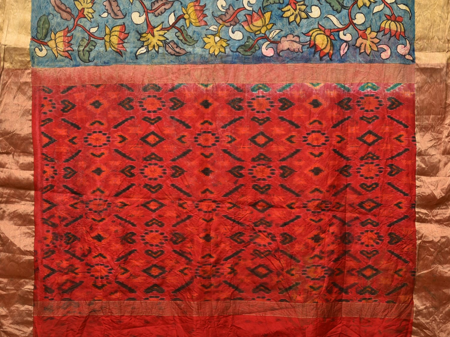Blue and Red Kalamkari Hand Painted Ikat Silk Handloom Saree with Lotus and Krishna Design - Global Threads | Grocsy