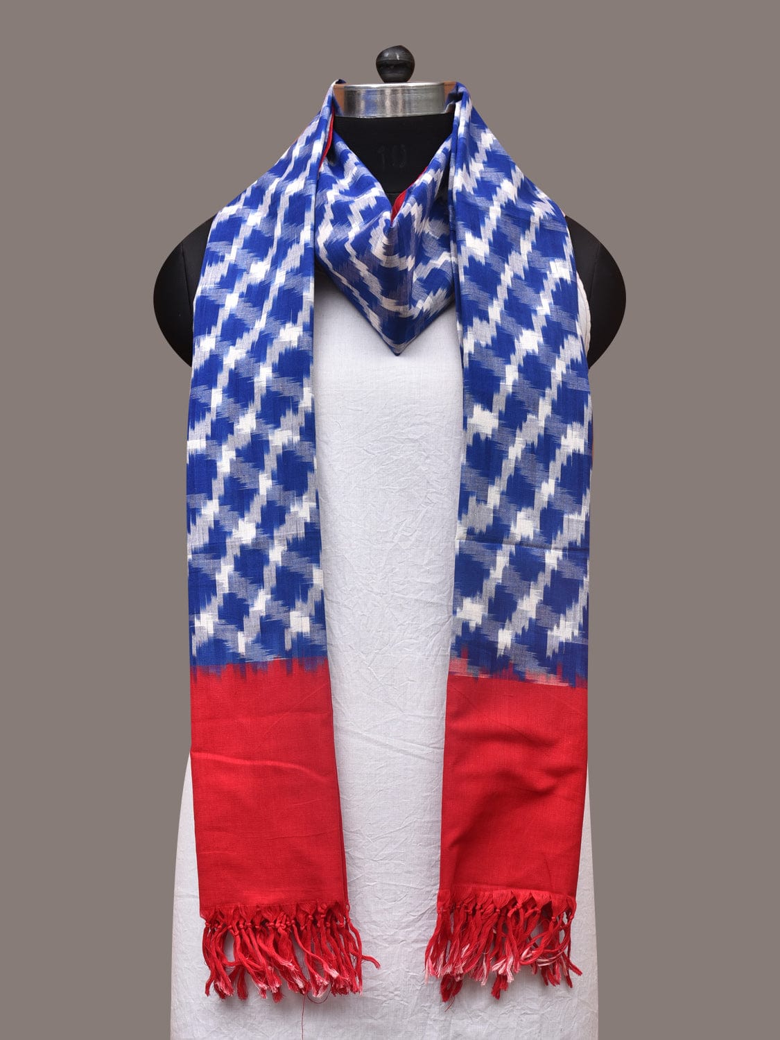 Blue and Red Pochamaplly Ikat Cotton Handloom Dupatta with Grill Design - Global Threads | Grocsy