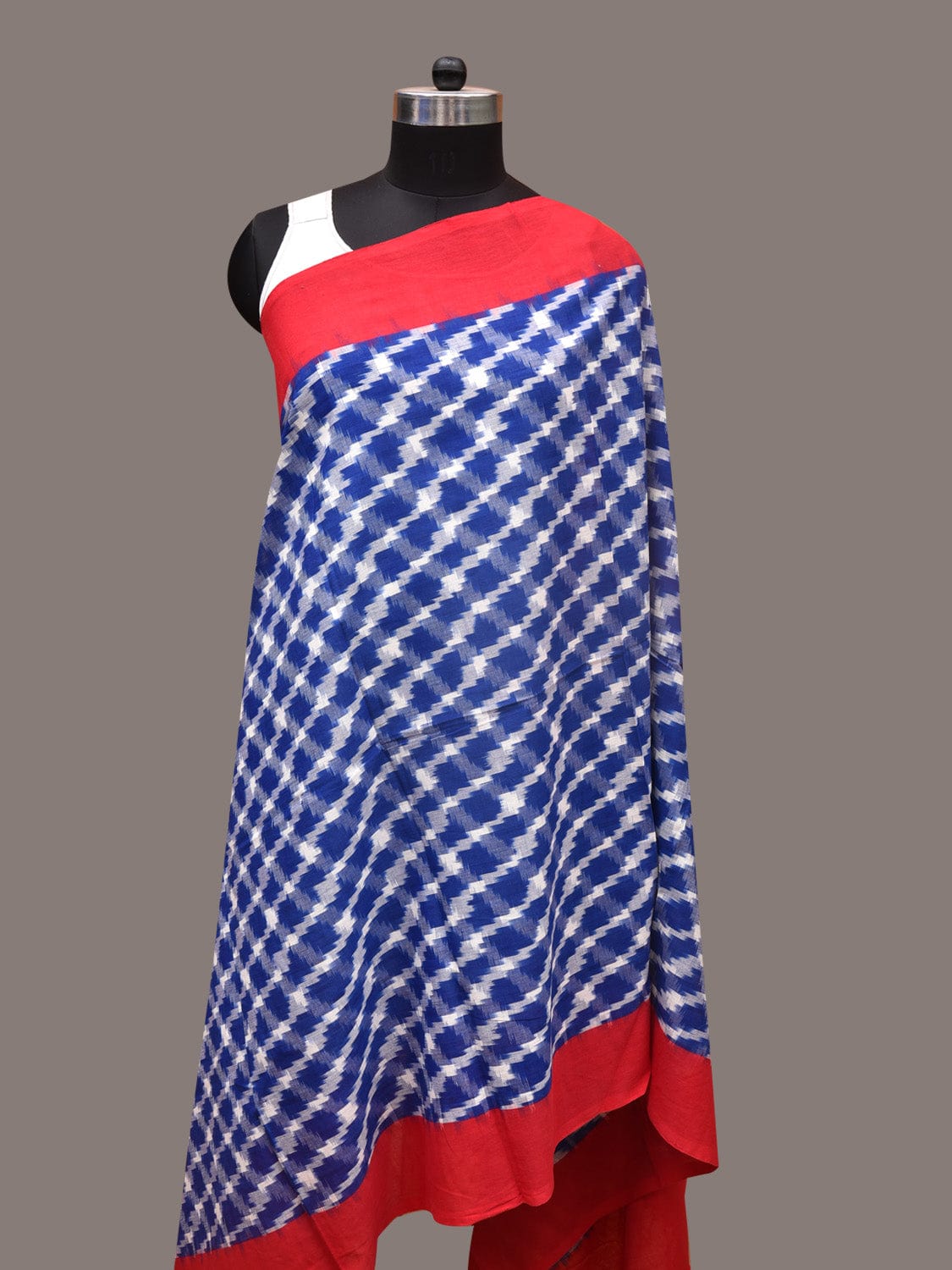 Blue and Red Pochamaplly Ikat Cotton Handloom Dupatta with Grill Design - Global Threads | Grocsy