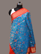 Blue and Red Pochamaplly Ikat Silk Handloom Dupatta with Geometric Design - Global Threads | Grocsy