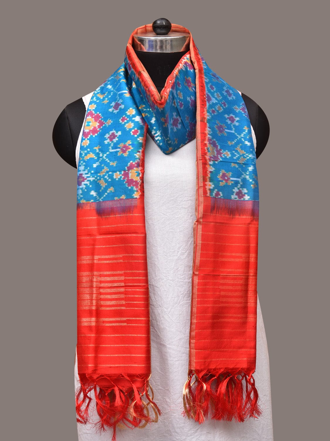 Blue and Red Pochamaplly Ikat Silk Handloom Dupatta with Geometric Design - Global Threads | Grocsy