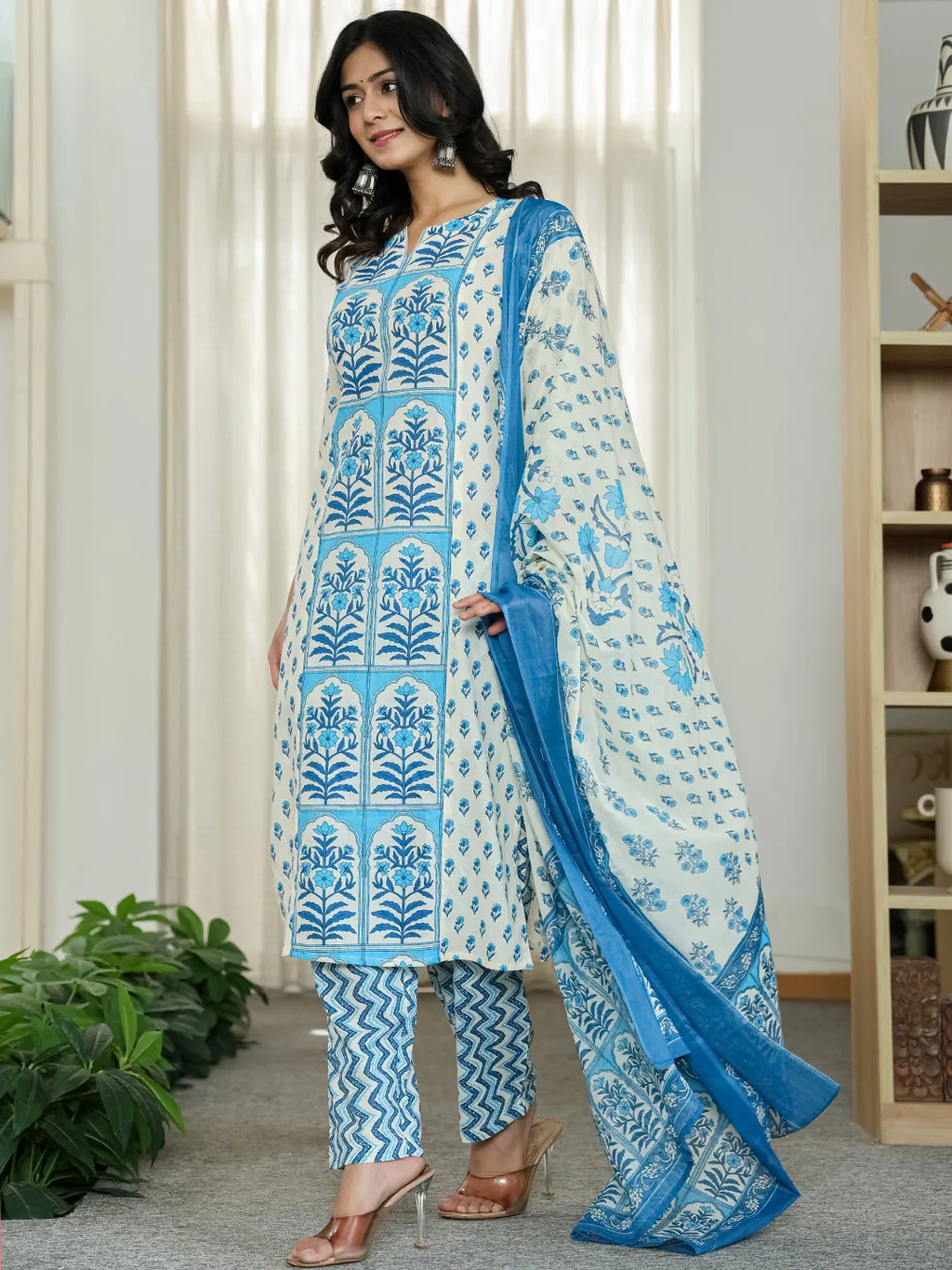 Yufta Blue And White Ethnic Motifs Straight Kurta Trouser Dupatta Set | Grocsy
