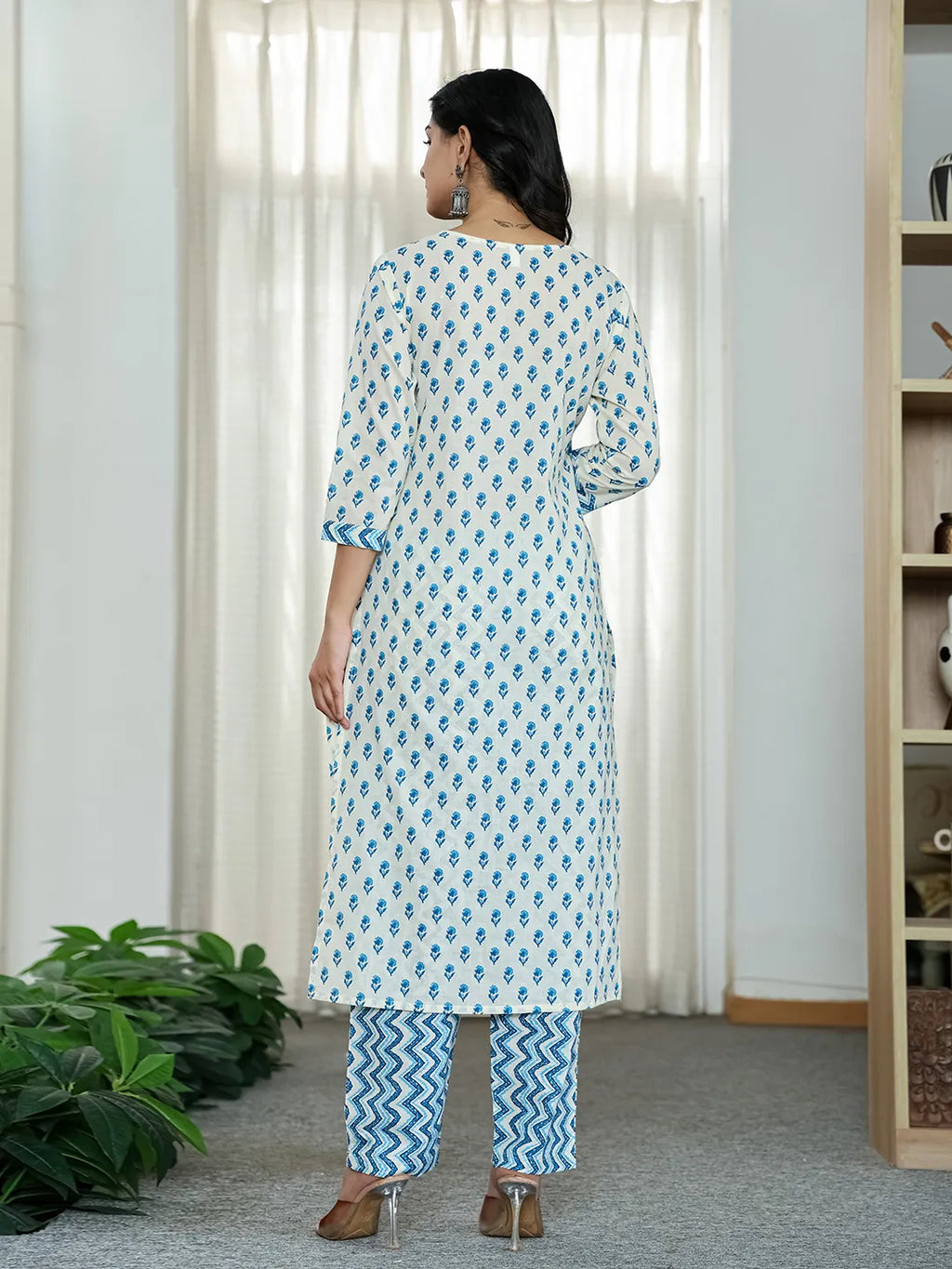 Yufta Blue And White Ethnic Motifs Straight Kurta Trouser Dupatta Set | Grocsy