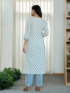 Yufta Blue And White Ethnic Motifs Straight Kurta Trouser Dupatta Set | Grocsy
