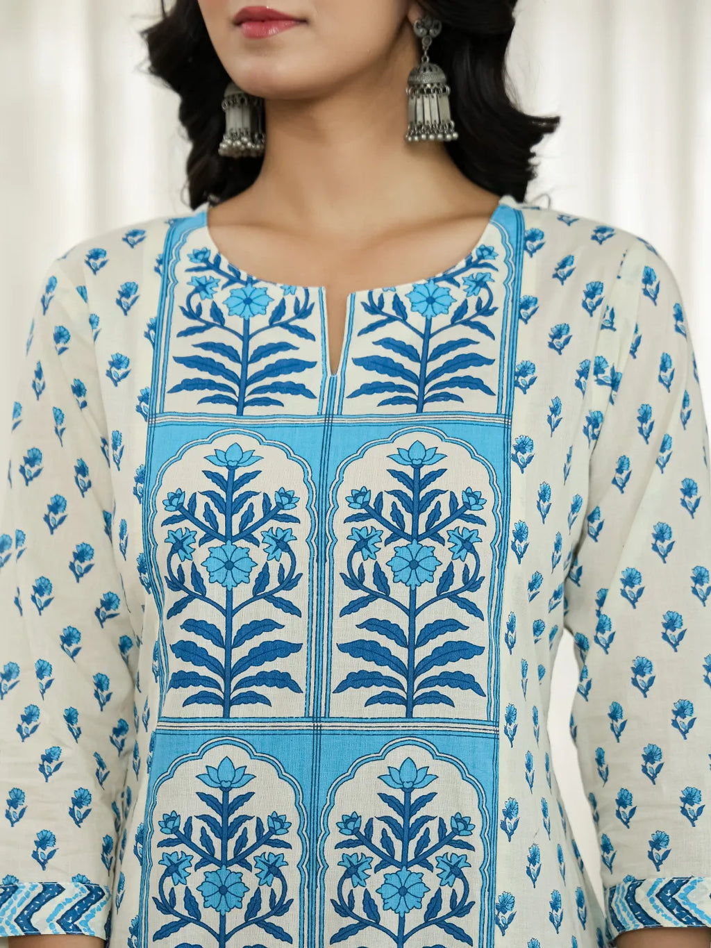 Yufta Blue And White Ethnic Motifs Straight Kurta Trouser Dupatta Set | Grocsy