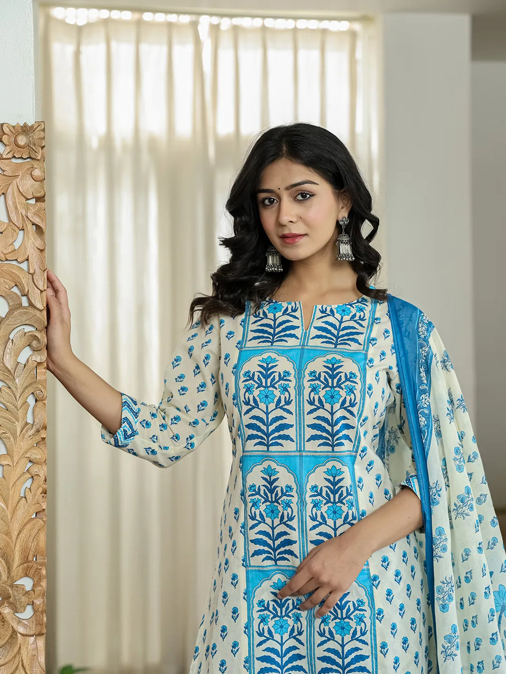 Yufta Blue And White Ethnic Motifs Straight Kurta Trouser Dupatta Set | Grocsy