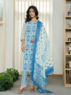 Yufta Blue And White Ethnic Motifs Straight Kurta Trouser Dupatta Set | Grocsy